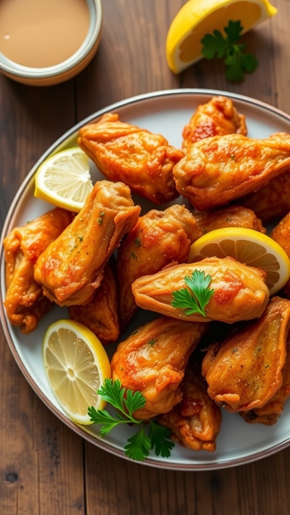 Lemon Pepper Air Fryer Chicken Wings Recipe Crispy lemon pepper chicken wings on a plate with lemon wedges and parsley.